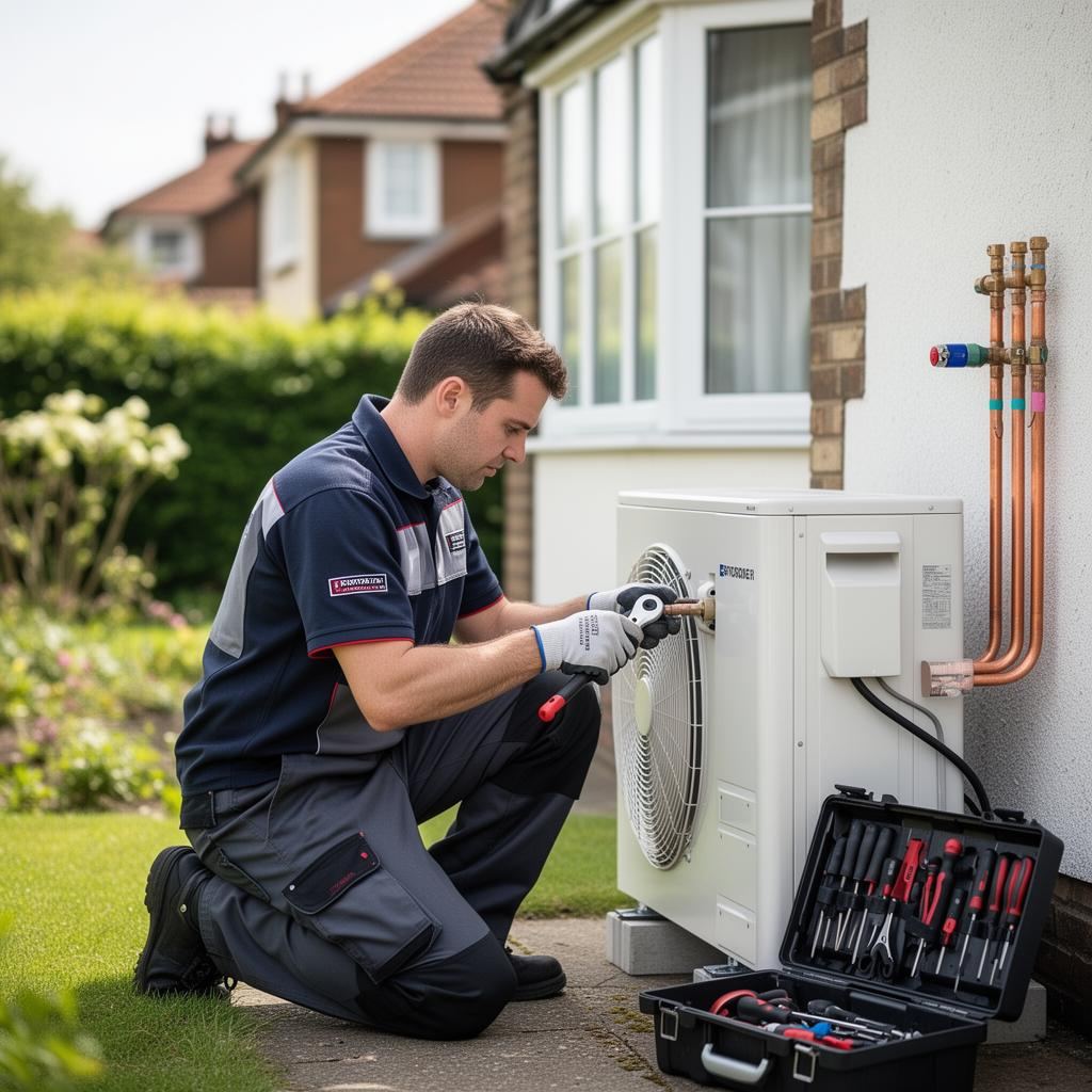 Discount Trade engineer installing an air source heat pump at a UK home