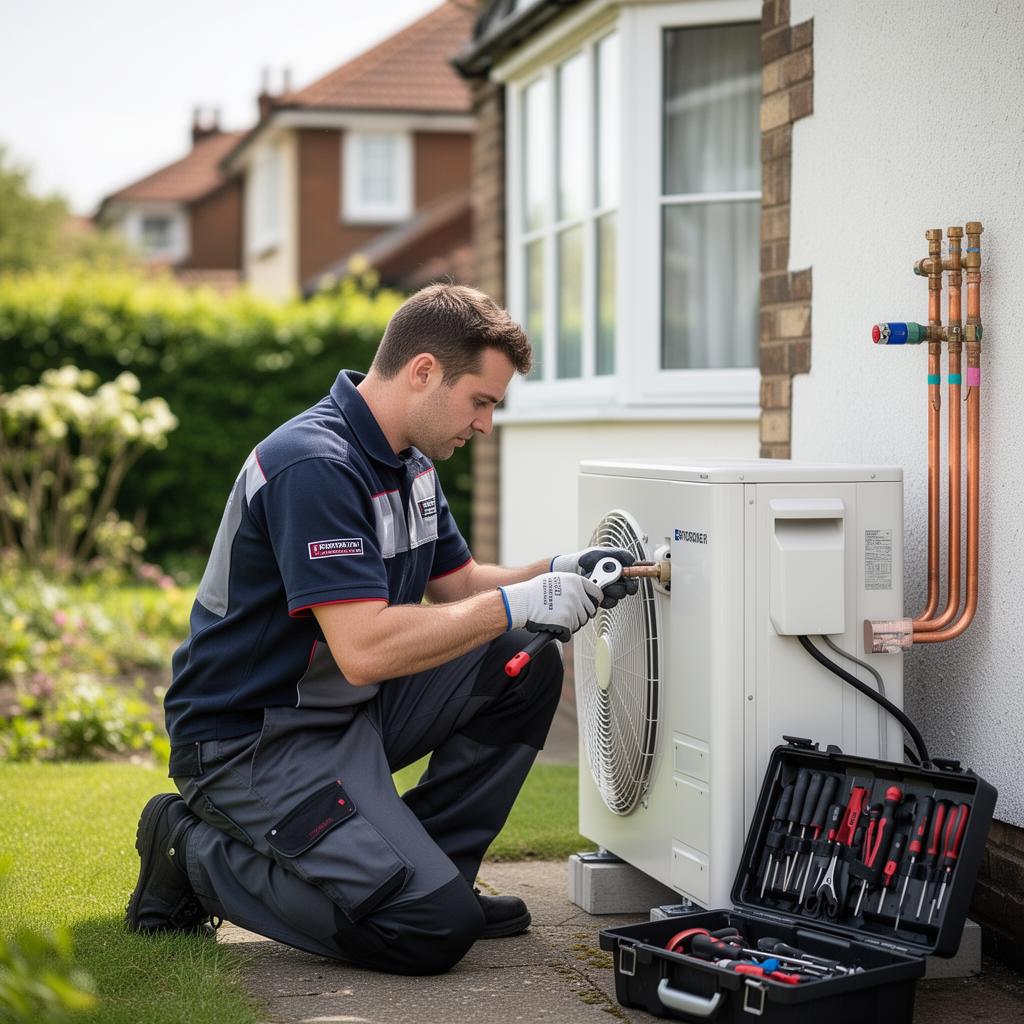 Discount Trade engineer installing an air source heat pump at a UK home